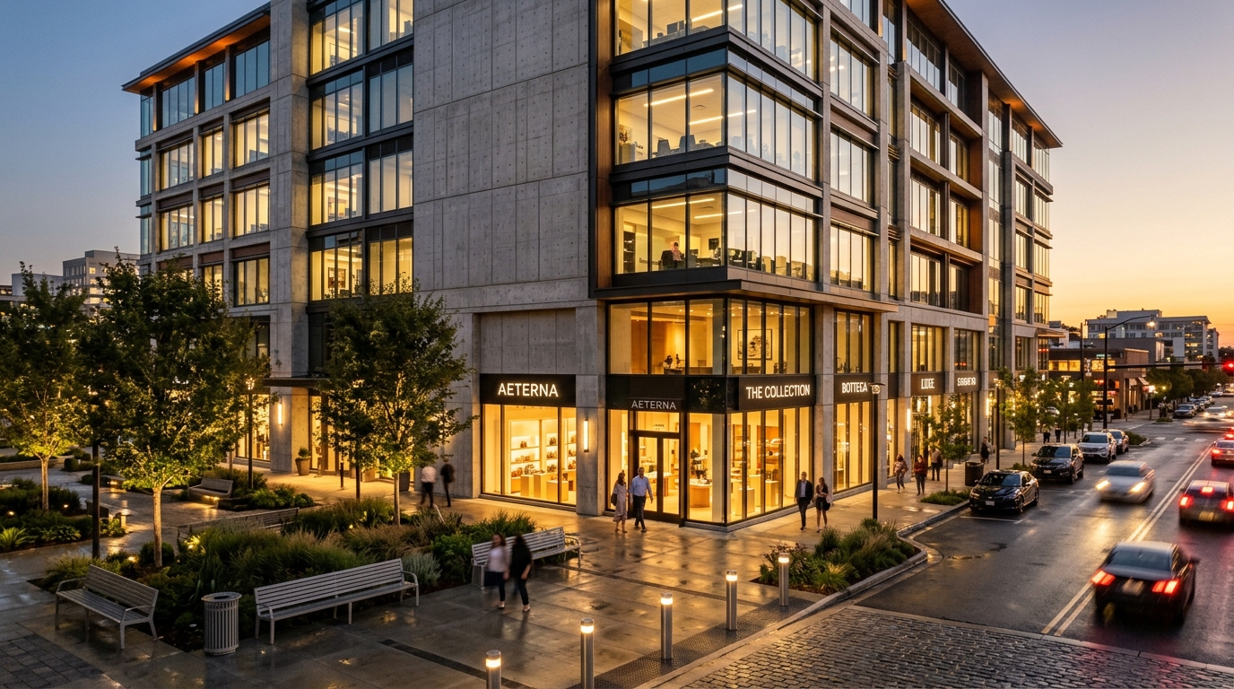 Commercial complex concrete and glass building